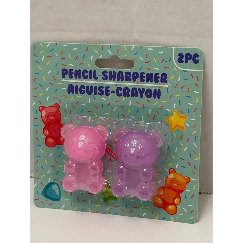 Gummy Bear Pencil Sharpener 2pc Set Pink Purple Translucent Desk Accessories